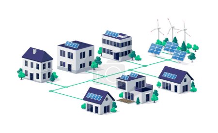 Illustration for Residential city town buildings connected to renewable solar wind power generation stations. Photovoltaic panels on house roof. Green smart cloud management sustainable electricity grid system. - Royalty Free Image