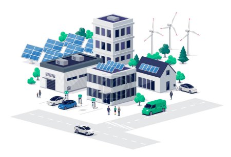Illustration for Sustainable city street road with residential downtown buildings and renewable solar wind power generation. Electric car charging near family house, work offices and business center on public station. - Royalty Free Image