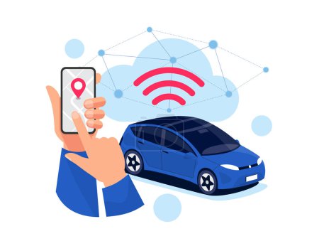Vektorillustration eines autonomen Online-Carsharing-Dienstes, der per Smartphone-App gesteuert wird. Telefonortungsmarke und modernes Automobil. Isolierte vernetzte Fahrzeug Remote Data Cloud Überwachung Parken.