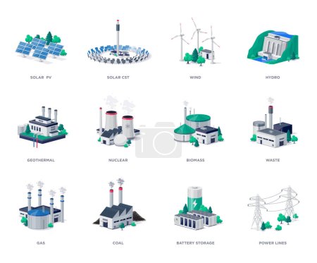 Isolated electric energy power station generation types. Mix of solar, water, fossil, wind, nuclear, coal, gas, biomass, geothermal, battery storage and grid lines. Renewable pollution plant resources