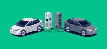 Illustration for Comparing electric versus gasoline diesel car suv. Electric car charging at charger stand vs. fossil car refueling petrol gas station. Front isometric view. Isolated on white background. - Royalty Free Image