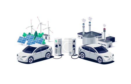 Comparing electric versus gasoline car. Electric vehicle charging vs. diesel vehicle refueling petrol gas station. Renewable clean solar wind energy with old dirty fossil refinery power generation.