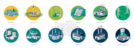 Illustration for Electric energy power station generation types. Mix of solar, water, fossil, wind, nuclear, coal, gas, biomass, geothermal, battery storage and grid lines. Natural renewable pollution plant resources. - Royalty Free Image