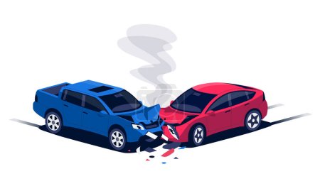 Illustration for Two damaged car collision. Traffic accident on road, crossroad, street. Vehicle front part bumper crash. Insurance impact incident. Fast driving crashing, head-on hit. Isolated vector illustration. - Royalty Free Image