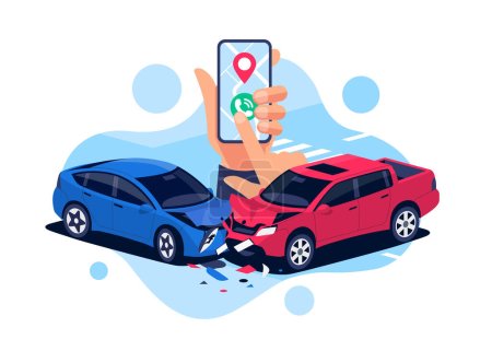 Illustration for Car crash with urgent phone call. Smartphone in hand calling police help, insurance company. Two damaged vehicles in traffic accident collision on road, crossroad, street. Head-on hit. Isolated vector - Royalty Free Image