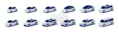 Illustration for Modern passenger cars body types fleet. Micro mini, small, hatchback, business vehicle, sedan family car, crossover, cuv, suv, pickup, minivan, van. Isolated vector object icons on white background. - Royalty Free Image
