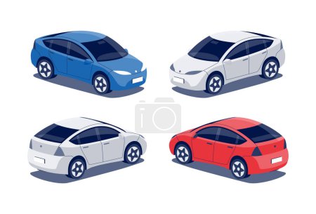 Ilustración de Modern passenger crossover car. Midle size hatchback business vehicle, cuv family car, crossover, suv. Isolated vector red and blue object icons on white background in isometric dimetric style. - Imagen libre de derechos