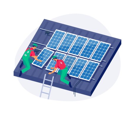 Ilustración de Instalación de paneles solares en el techo de la casa familiar. Trabajadores técnicos de la construcción que conectan el sistema de energía renovable a la red. Producción de electricidad limpia. Ilustración vectorial aislada. - Imagen libre de derechos