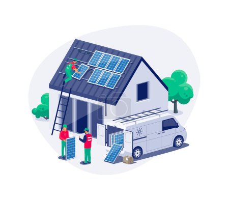 Solar panels installation on family house roof. Construction technician workers connecting the home renewable power energy system to grid. Clean electricity production. Isolated vector illustration.