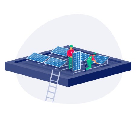 Illustration for Solar panels installation on house flat roof. Construction technician workers connecting the home renewable power energy system to grid on business apartment building. Clean electricity production. - Royalty Free Image