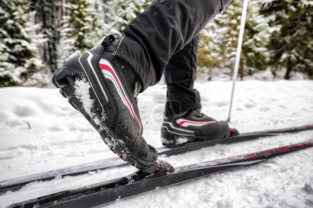 Foto de Vista detallada de una zapatilla de esquí de fondo. Actividad deportiva de invierno. - Imagen libre de derechos
