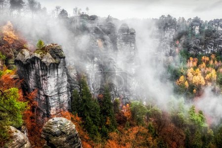Foto de Formaciones rocosas y clima brumoso en colorido bosque otoñal en el parque nacional de Suiza sajona en Alemania - Imagen libre de derechos