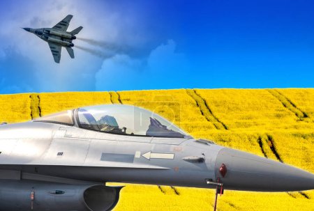 Collage aus Kampfflugzeugen F-16, russischer Mig-29 und ukrainischer Flagge vom blauen Himmel und gelben Feld.