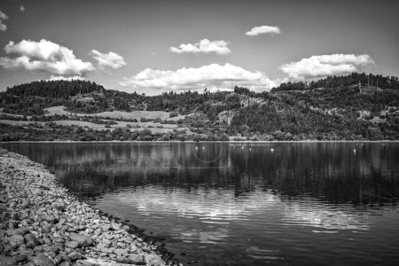 Photo for Rocky shore of water reservoir Liptovska Mara. Black and white landscape photography - Royalty Free Image