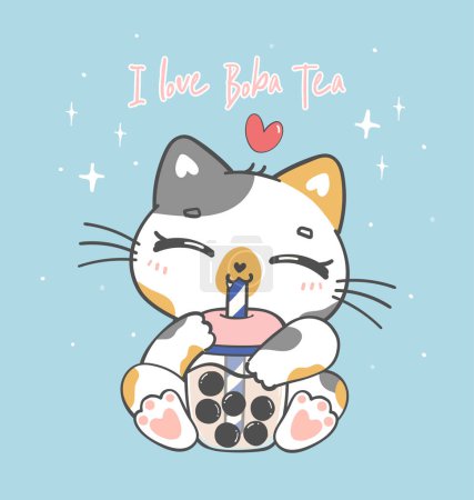 Cute happy kawaii boba tea cat, kitten drinking bubble tea, adorable cartoon animal doodle hand drawing