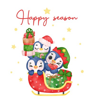 Illustration for Group of Adorable Cartoon Penguins Riding in Santa's Gift Sleigh, Watercolor Illustration - Royalty Free Image