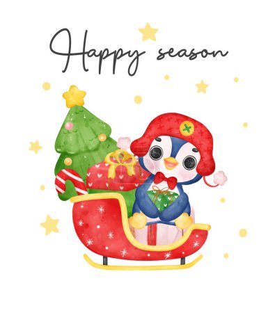 Illustration for Adorable Santa Penguin on Gift Sleigh, Charming Watercolor Cartoon Character Illustration - Royalty Free Image