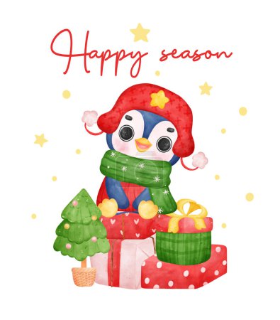 Illustration for Adorable Penguin Celebrates Christmas, Sitting on Gift Boxes. Colorful Watercolor Cartoon - Royalty Free Image