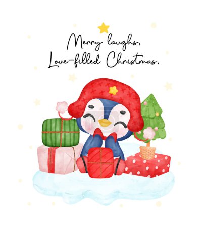 Illustration for Cute Penguin Christmas Illustration, Happy Cartoon Watercolor Art - Royalty Free Image