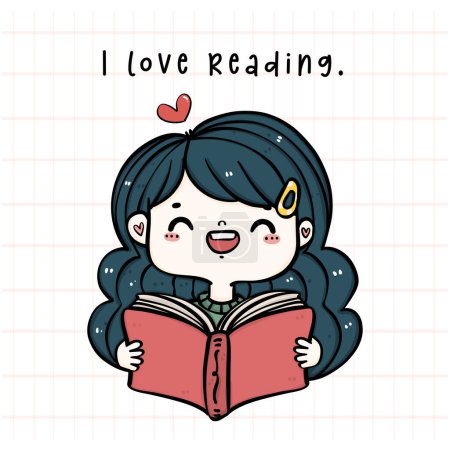 A cheerful smile Bookworm girl Reading a book Cartoon hand drawing Doodle simple and bright style.