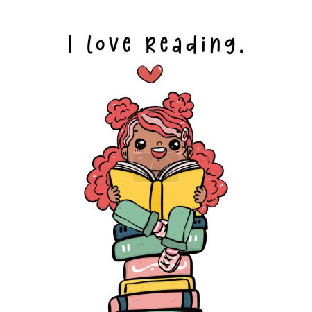 A cheerful smile Bookworm black girl Reading a book on a pile of books, Cartoon hand drawing Doodle simple and bright style.