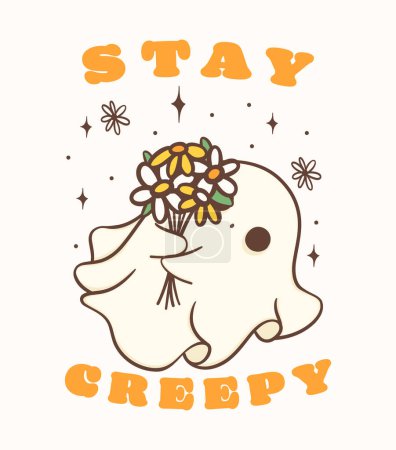 Illustration for Cute Halloween ghost with flower, kawaii Retro floral sppky ghost, stay creepy, cartoon doodle outline drawing illustration idea for greeting card, t shirt design and crafts. - Royalty Free Image
