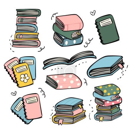 Ilustración de Linda pila de libros de arte Doodle, de vuelta a la escuela suministros - Imagen libre de derechos