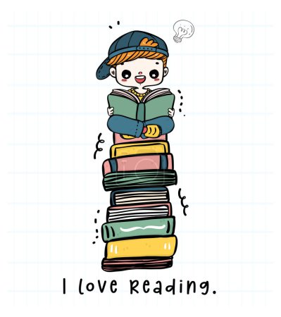 Illustration for Excited Student boy Reading Book on Stack of Books. Back to School Illustration - Royalty Free Image