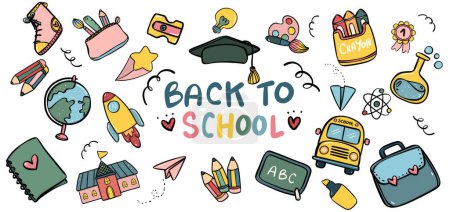 Illustration for School Stationery Supplies Collection. Cute Doodle Art banner - Royalty Free Image