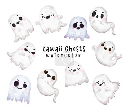 Illustration pour Collection de dessins animés fantômes Halloween Kawaii. Personnages d'aquarelle effrayant mignon - image libre de droit
