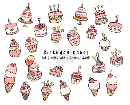Ilustración de Lindo pastel de cumpleaños y helado colección de garabatos de dibujos animados para celebraciones alegres. - Imagen libre de derechos