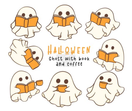 Illustration pour Halloween fantôme effrayant mignon avec livre et café dessin animé contour Doodle Set de dessin. - image libre de droit
