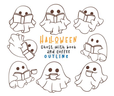 Illustration pour Halloween fantôme effrayant mignon avec livre et café contour Doodle Drawing Set. - image libre de droit