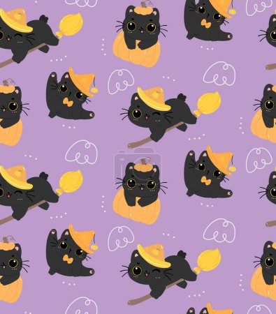 Ilustración de Lindo patrón de dibujos animados gato negro de Halloween sin costuras aislado en blackground púrpura - Imagen libre de derechos
