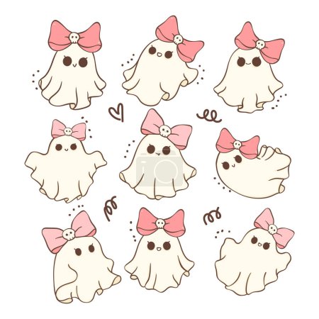 Cute Kawaii Pink Halloween Ghost Cartoon Doodle Drawing Collection.