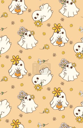 Cute pattern seamless Halloween Ghost with Daisy Flowers isolated on Yellow Background. Idea for paper wrapping, wall paper, greeting card.