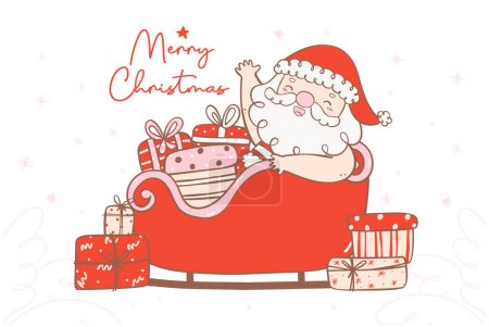 Cute happy summer christmas santa claus with gift in sleigh. Kawaii Summer Christmas Holiday Cartoon doodle. Merry Christmas banner