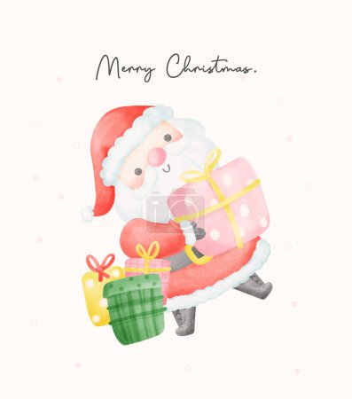 Illustration for Cute Santa Claus with gifts cartoon character Watercolor Art - Royalty Free Image
