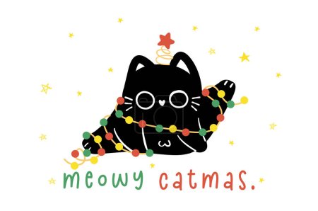 Ilustración de Lindo gato negro de Navidad adornado con luces, tarjeta de felicitación de humor, Divertido y juguetón ilustración de dibujos animados. - Imagen libre de derechos