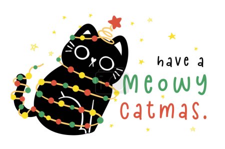 Ilustración de Lindo gato negro de Navidad adornado con tarjetas de felicitación de luces, Divertido y juguetón ilustración de dibujos animados. - Imagen libre de derechos