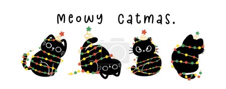 Illustration for Group of Cute Christmas Black Cats adorned with lights, Meowy Catmas, humor banner and greeting card, Funny and Playful Cartoon Illustration. - Royalty Free Image