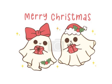 Cute and Kawaii Christmas Ghosts with gifts. Festive greeting card Holiday Cartoon Hand Drawing with adorable pose.