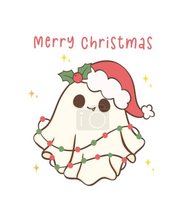 Cute and Kawaii Christmas Ghost. Festive Holiday Cartoon Hand Drawing with adorable pose.