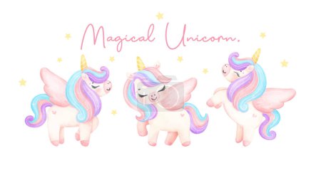Illustration for Group of Cute unicorns watercolor banner, dreamy nursery Art illustration. Magical Unicorn. - Royalty Free Image