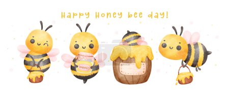 Grupo de abejas lindas miel bebé acuarela banner personaje de dibujos animados mano pintura ilustración vector. Feliz día de las abejas.