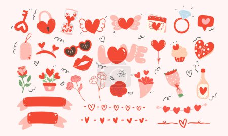 Ilustración de Lindo elemento de San Valentín Kawaii. Ilustración dibujada a mano en tema rojo y rosa con corazones adorables y elementos decorativos - Imagen libre de derechos