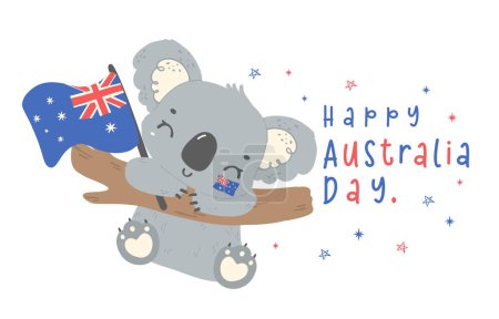 Happy Australia day Koala mit Fahne. Entzückende Tiere feiern Australian Nation Day Cartoon-Handzeichnung.