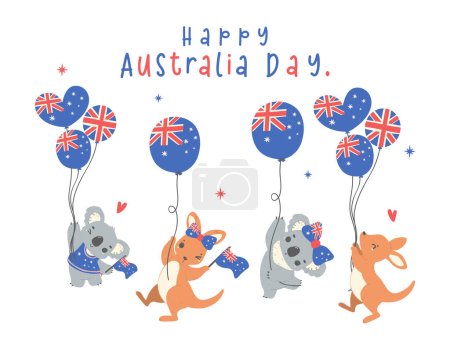 Illustration for Australia Day banner, Group of animal baby kangaroos and koalas cartoon animal with balloons and flag - Royalty Free Image