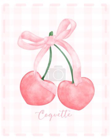 Illustration for Cute coquette aesthetic pink ribbon bow with red cherries in vintage style watercolor. - Royalty Free Image