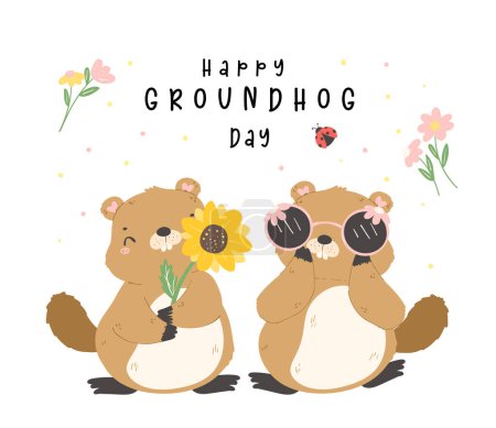 Illustration for Happy groundhog day with cheerful cartoon groundhogs  celebrating early spring - Royalty Free Image